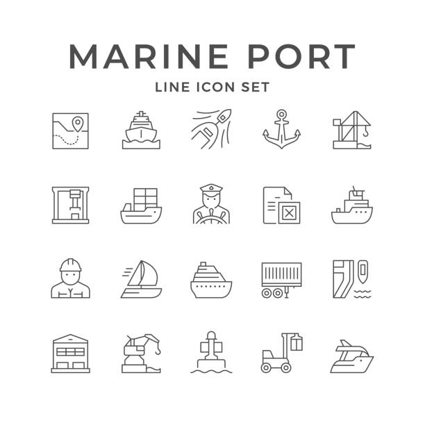 illustrazioni stock, clip art, cartoni animati e icone di tendenza di impostare le icone di linea del porto marino - anchor harbor vector symbol