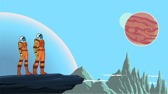 A retro style vector illustration of a team of astronaut standing on a cliff on a distant planet with outer space in the background. Wide space available for your copy.