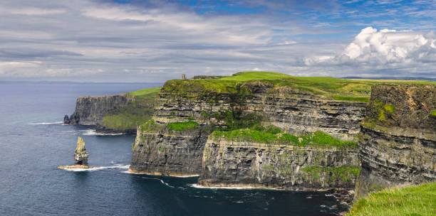 panoramic view of the cliffs of moher. - republic of ireland cliffs of moher cliff galway imagens e fotografias de stock