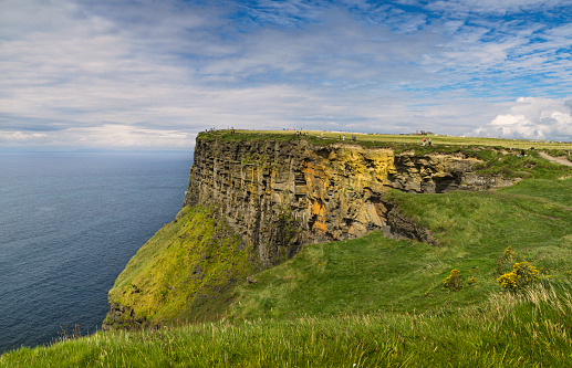 View of the Cliffs of Moher on the Irish coast with blue sky and white clouds.