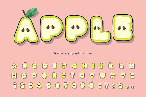 Cute summer apple font. Cartoon paper cut out alphabet for kids. Funny letters and numbers on pink. Vector illustration