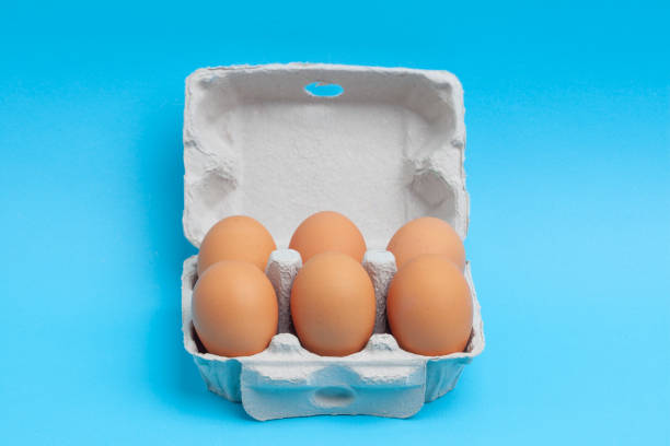 istock Six pack of eggs in open cardboard package against blue background with copy space 1218346745