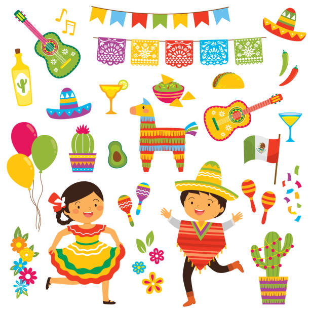 Cinco De Mayo clipart set Cinco de Mayo clipart set with people in traditional Mexican costumes and a collection of the holiday symbols papel picado illustrations stock illustrations