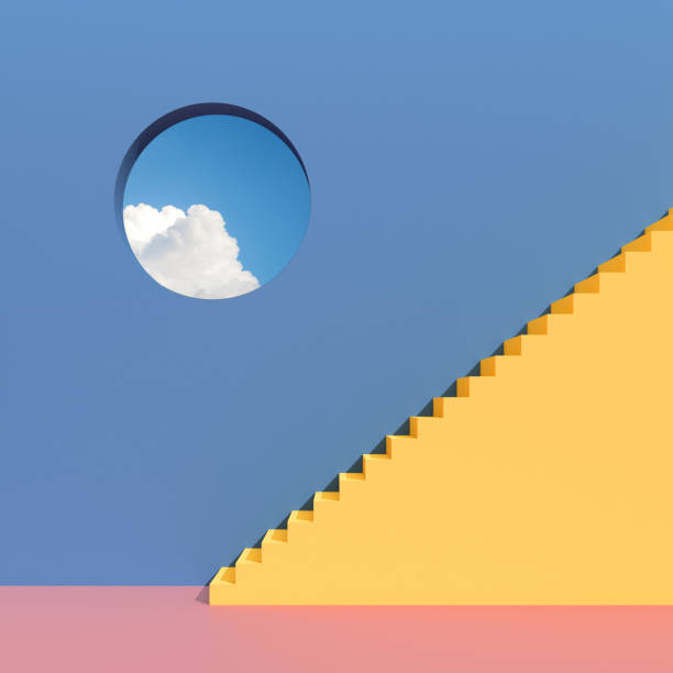 istock Minimal abstract building space with round window and staircase on blue sky background, Architectural details with shade and shadow on color surface. 3D rendering. 1218349965