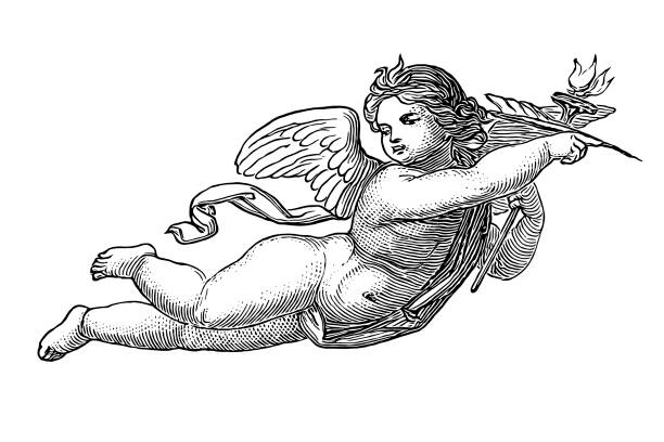 stockillustraties, clipart, cartoons en iconen met engel die pen het vliegen houdt - engelenpak