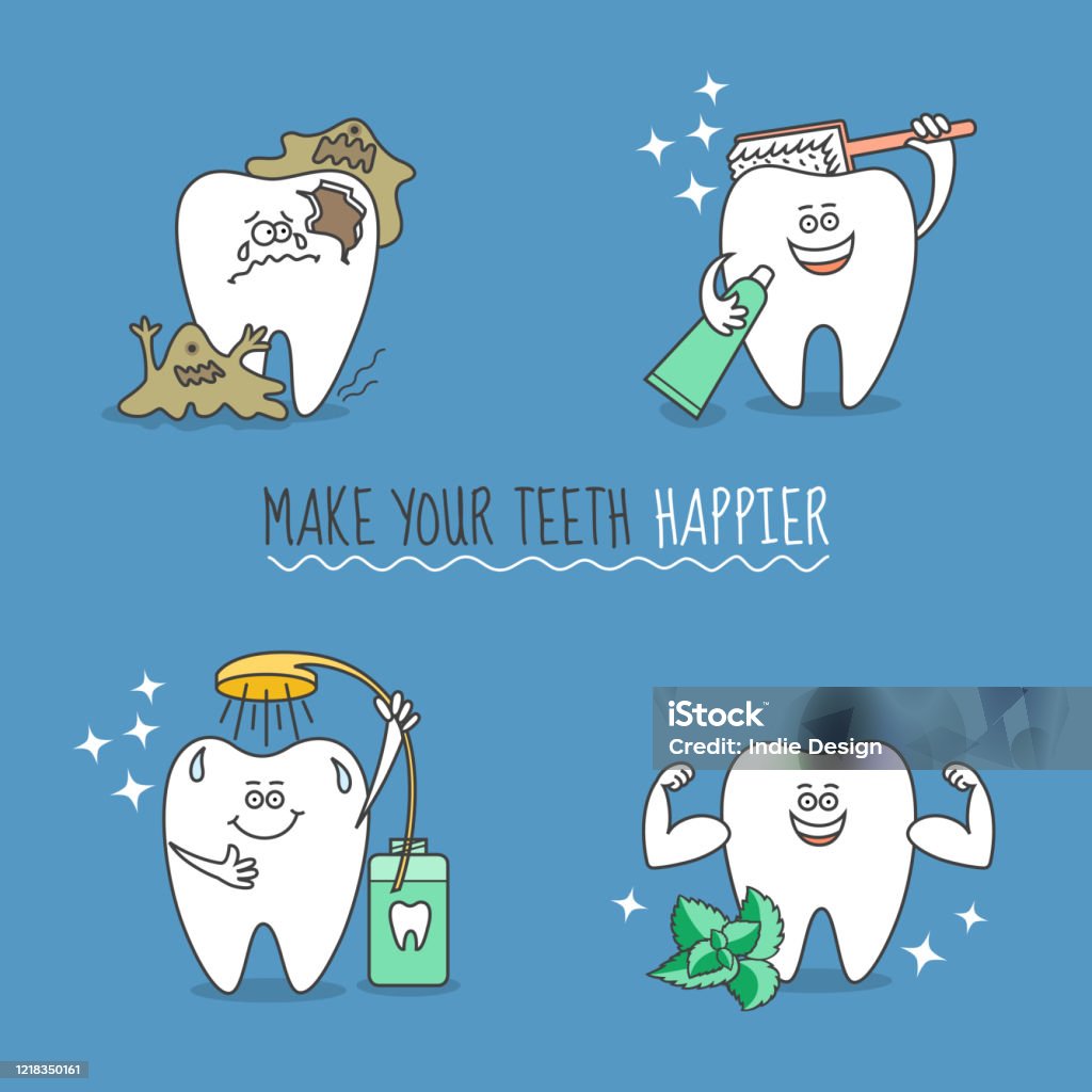 Set Of Cartoon Teeth Tooth With Toothpaste Toothbrush Rinse Mint Bacteria  Make Your Teeth Happier Stock Illustration - Download Image Now - iStock