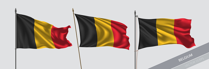 Set of Belgium waving flag on isolated background vector illustration. 3 Belgian wavy realistic flag as a symbol of patriotism