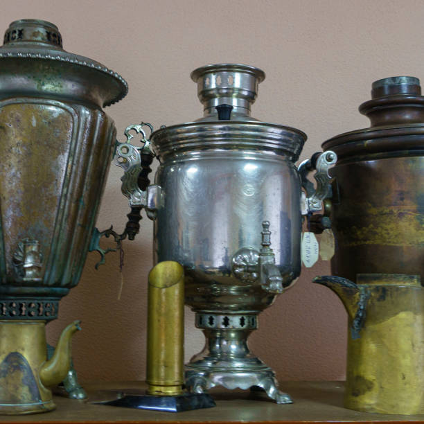 istock Vintage old traditional samovars for tea ceremony. Rustic concept. 1218356201