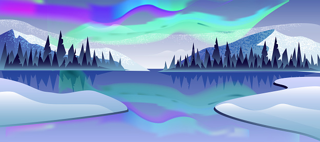 Vector horizontal landscape with lake, snow, ice, mountains, forest, northern lights. Wild nature background in blue colors.