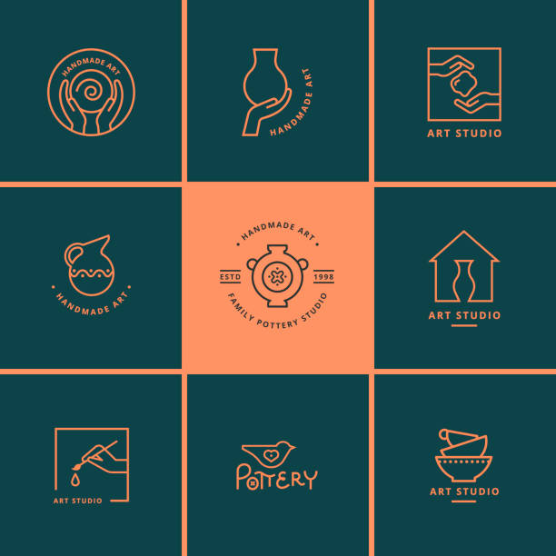 ilustraciones, imágenes clip art, dibujos animados e iconos de stock de conjunto de diseños de logotipos vectoriales para estudio de arte, cerámica o estudio cerámico - alfarería