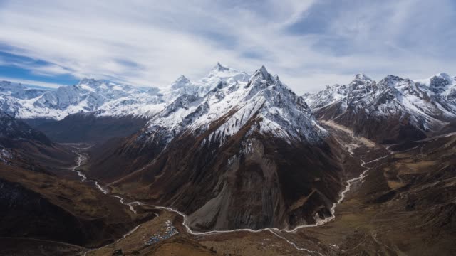 Time lapse of Himalaya mountains landscape including Manaslu mountain peak view from Samdo Ri. One of the best view point in Manaslu circuit trekking route in Nepal