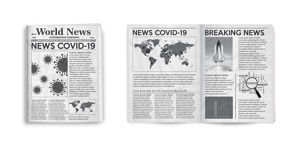 Realistic vector illustration of the page and cover of black and white newspaper layout.