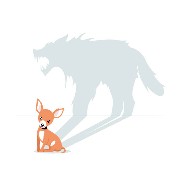 흰색 배경에 고립 된 끔찍한 짐승 그림자를 가진 만화 귀여운 작은 개 - devil dogs stock illustrations