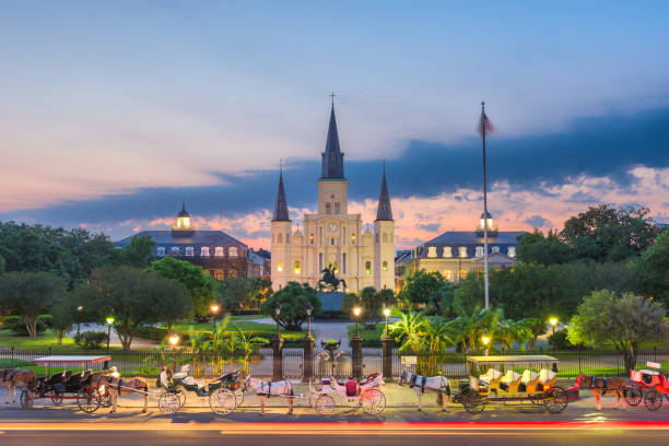 New Orleans, Louisiana at Jackson Square New Orleans, Louisiana, USA view at Jackson Square at night. jackson square stock pictures, royalty-free photos & images
