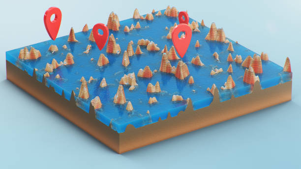 istock Red pointers, markers on the 3D map navigation. Contour lines on a topographic map. Studying the geography of the area: hills, mountains and plains. Cartography map on blue background, 3d illustration 1218361976