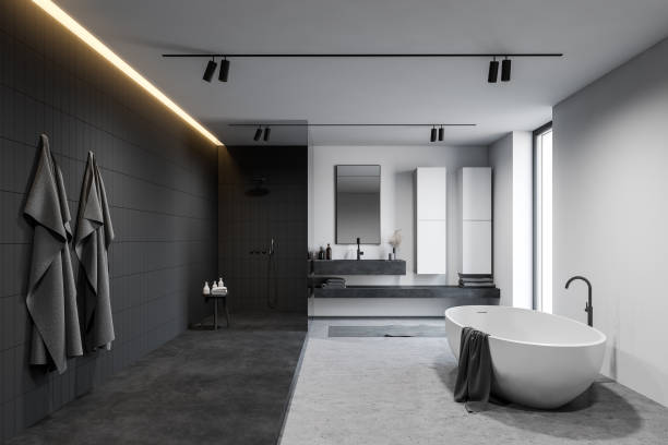 istock White and black luxury bathroom with shower 1218362305