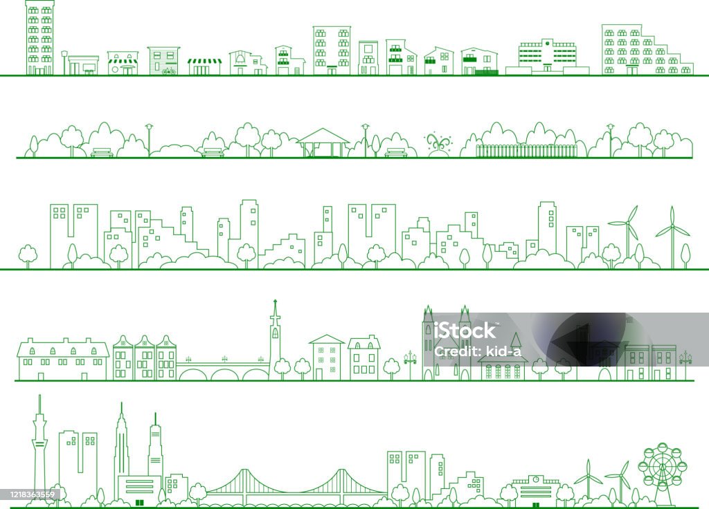 som illustration av stadens vardagsrum Bostadsområden, park, skola, byggnader - Royaltyfri Storstad vektorgrafik