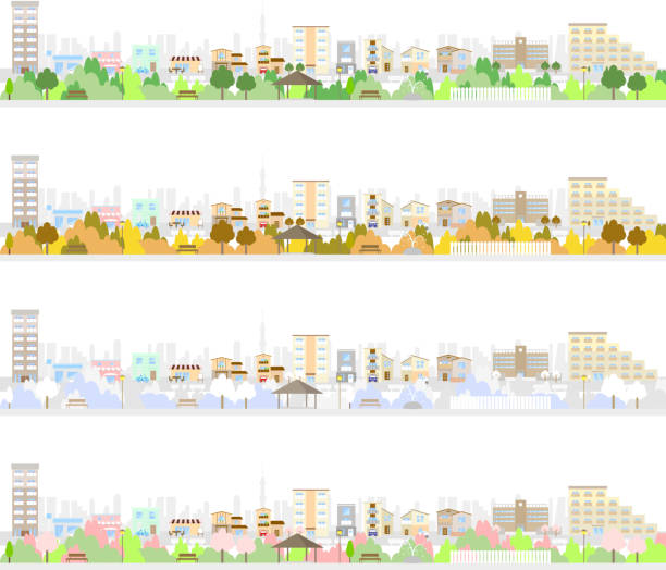 set illustration of four seasons city living area  Residential areas,park,school,buildings set illustration of four seasons city living area  Residential areas,park,school,buildings convenience store stock illustrations