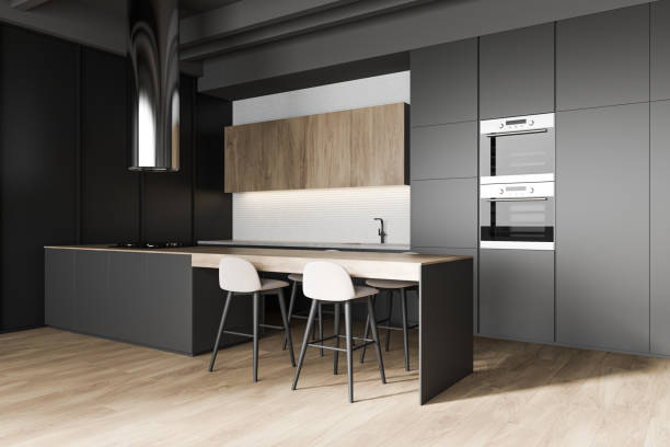 istock Gray and wooden kitchen corner with bar 1218363928