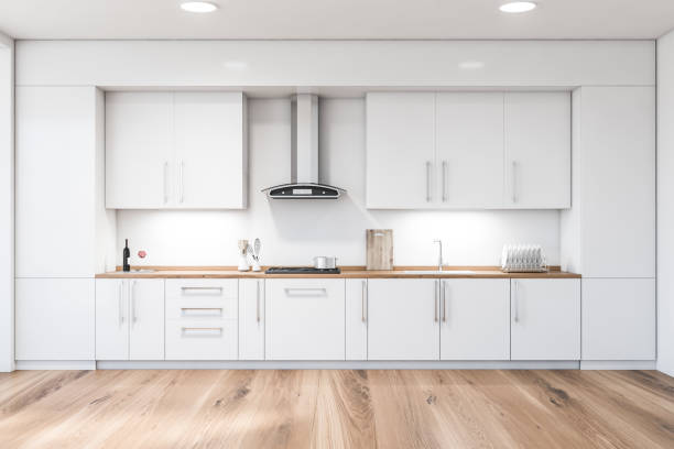 istock Wooden floor kitchen interior with countertops 1218364820