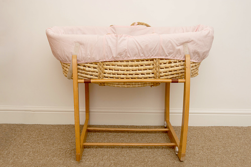 Baby carry moses basket, newborn baby bed. Child furniture isolated.