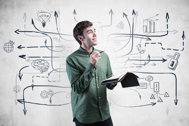 istock Smiling man with notebook and his business plan 1218365526