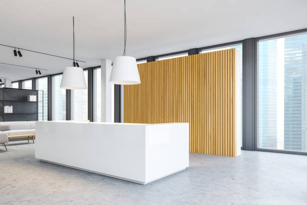 istock White reception in wooden office corner with sofa 1218365662