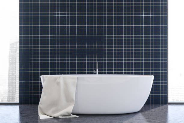 istock Blue tile bathroom interior with tub 1218366523