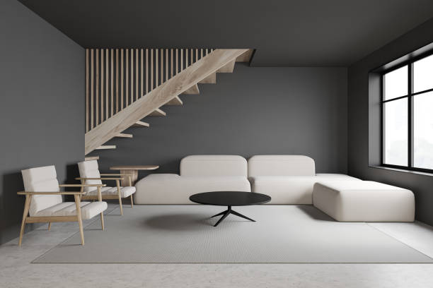 istock Gray living room with armchairs and sofa 1218366657