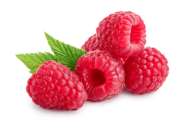 istock Ripe raspberries with leaf isolated on a white background 1218366777