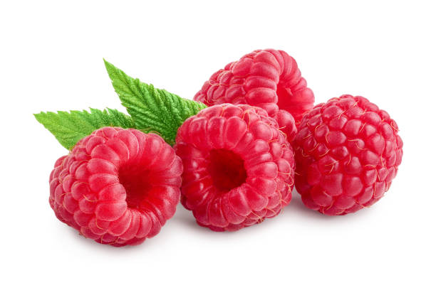 istock Ripe raspberries with leaf isolated on a white background 1218367820