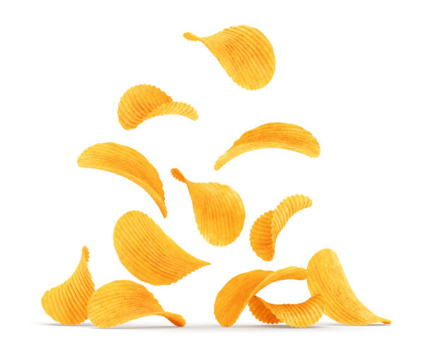 istock Grooved potato chips falling down. Rippled wavy snack food. Illustration. 1218368302