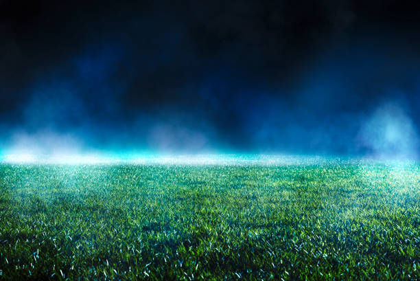 Close up of maintained lawn at football stadium. Close up of maintained lawn at football stadium. Night low view with abstract light effects. Iluminated mist. competition round photos stock pictures, royalty-free photos & images