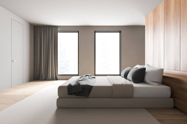 istock White and wooden master bedroom, side view 1218368499