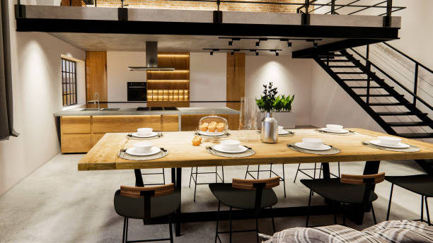 istock 3d rendering. Interior house modern open living space with kitchen.Loft style Duplex apartment residence.Home decoration luxury  interior design. 1218368733