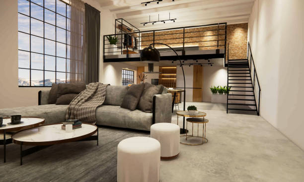 istock 3d rendering. Interior house modern open living space with kitchen.Loft style Duplex apartment residence.Home decoration luxury  interior design. 1218369308