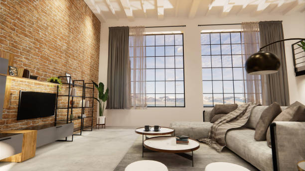 istock 3d rendering. Interior house modern open living space with kitchen.Loft style Duplex apartment residence.Home decoration luxury  interior design. 1218369312