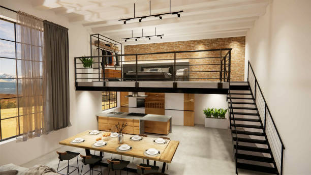 istock 3d rendering. Interior house modern open living space with kitchen.Loft style Duplex apartment residence.Home decoration luxury  interior design. 1218369318