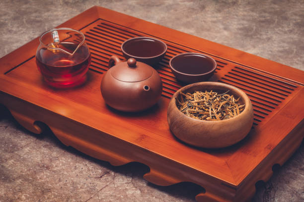 istock Chinese tea in Yixing clay teapot with teaware stand on tea tray 1218369811