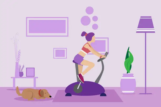 Vector illustration of Woman at home doing exercise on bike in purple modern living room