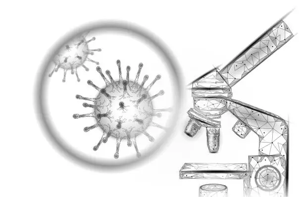 Vector illustration of Microscope virus 3D low poly render. Laboratory analysis infection virus influenza flu pneumonia. Modern science technology medicine vector illustration
