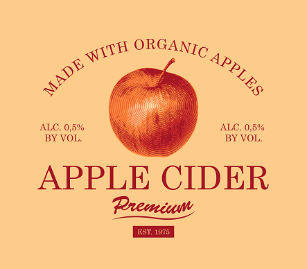 Vector label for Apple cider with a realistic image of a red Apple and inscriptions on a light background in retro style