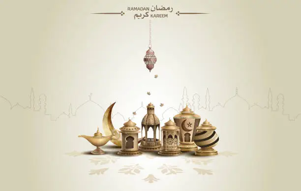 Vector illustration of islamic greetings ramadan kareem card design background with beautiful gold lanterns and crescent
