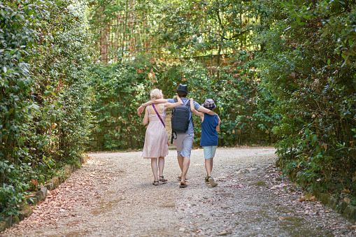 Back of small family with mother and two sons embracing each other while walking on the path of a park between big green bushes