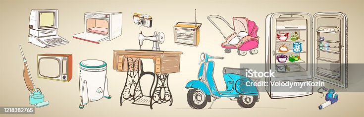 istock Set of multi-colored illustrations of retro household appliances 1218382765