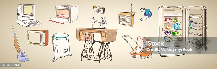 istock Set of multi-colored illustrations of retro household appliances 1218382766
