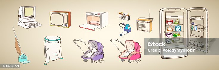 istock Set of multi-colored illustrations of retro household appliances 1218382771