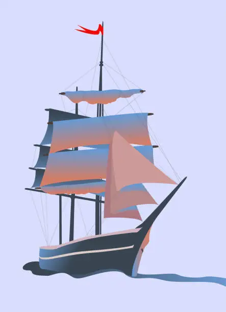 Vector illustration of Sailing ship with a red flag on the mast