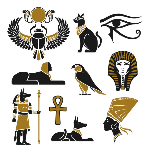 illustrazioni stock, clip art, cartoni animati e icone di tendenza di sagome egizi antiche nere e dote - the sphinx immagine
