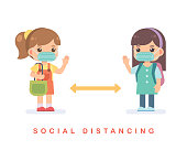 Social distancing concept. The teenage girls wear the protective masks, greeting and keeping distance to protect from COVID-19 Coronavirus. Vector flat design illustration on white background.